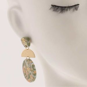 Light Blue Beige and Gold Metal Semicircle & Round Clay Drop Earrings